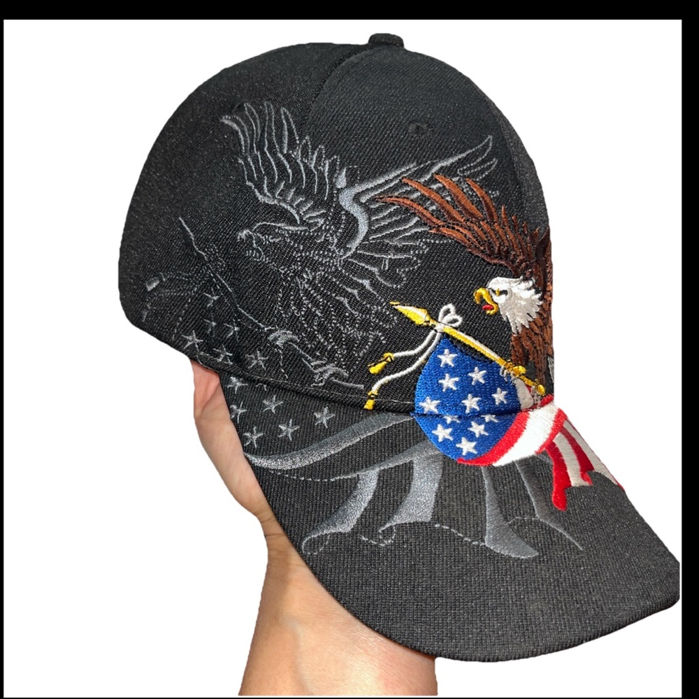 BLACK Soaring bald Eagle PATRIOTIC USA Flag Embroidered Shadow Hat Cap,  NEW OS